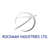 Rockman Industries LTD Company logo in sliver color with grey background